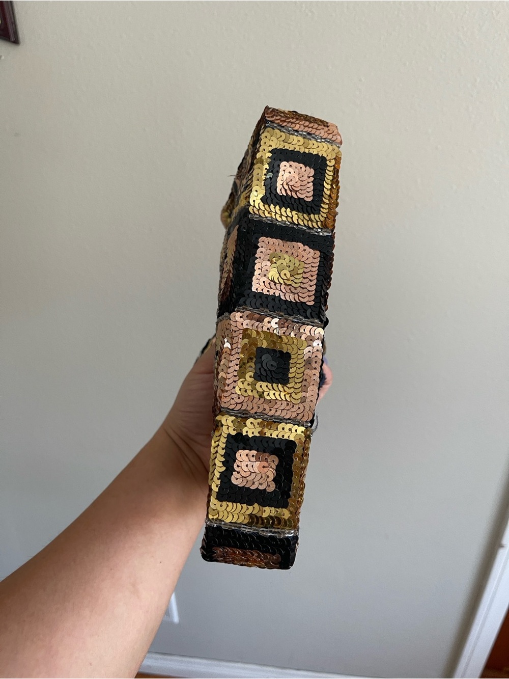 Sequined Rectangular Shoulder Bag in Gold & Black - Picture 6 of 6